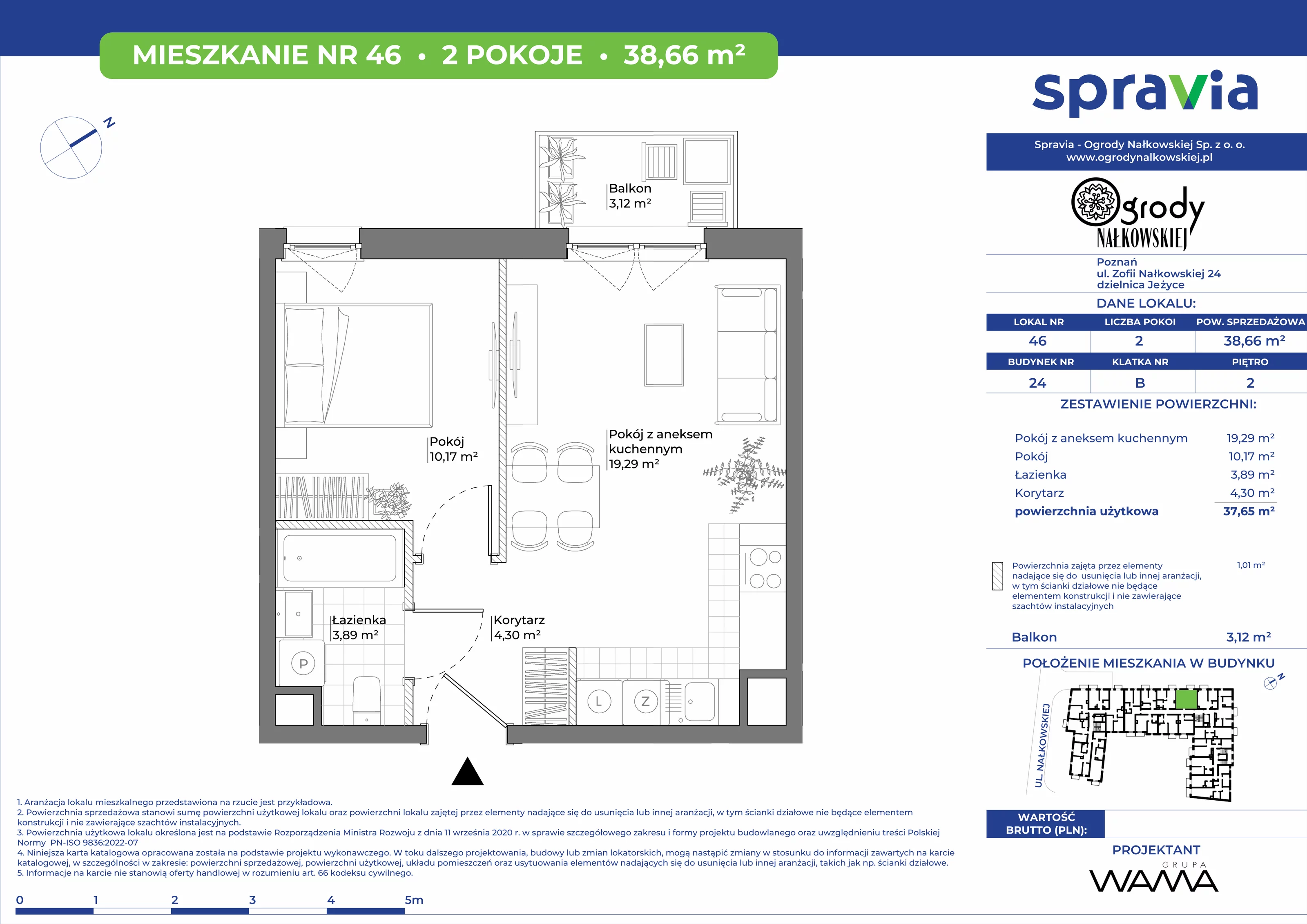 2 pokoje, mieszkanie 38,66 m², piętro 2, oferta nr 24-46, Ogrody Nałkowskiej, Poznań, Ogrody, ul. Nałkowskiej 24, 26